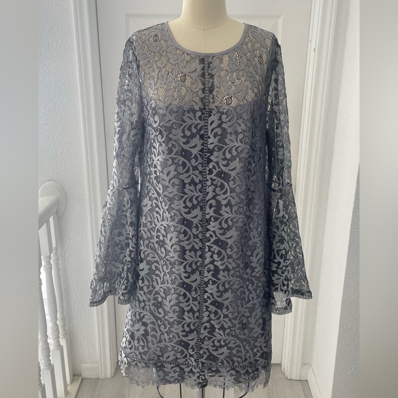 White House Black Market Silver Gray Metallic Lace Bell Sleeve Dress. - Picture 6 of 17